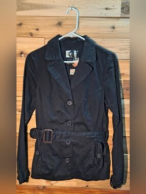 Belted Trench Jacket By Split - Size M - Navy Blue Color